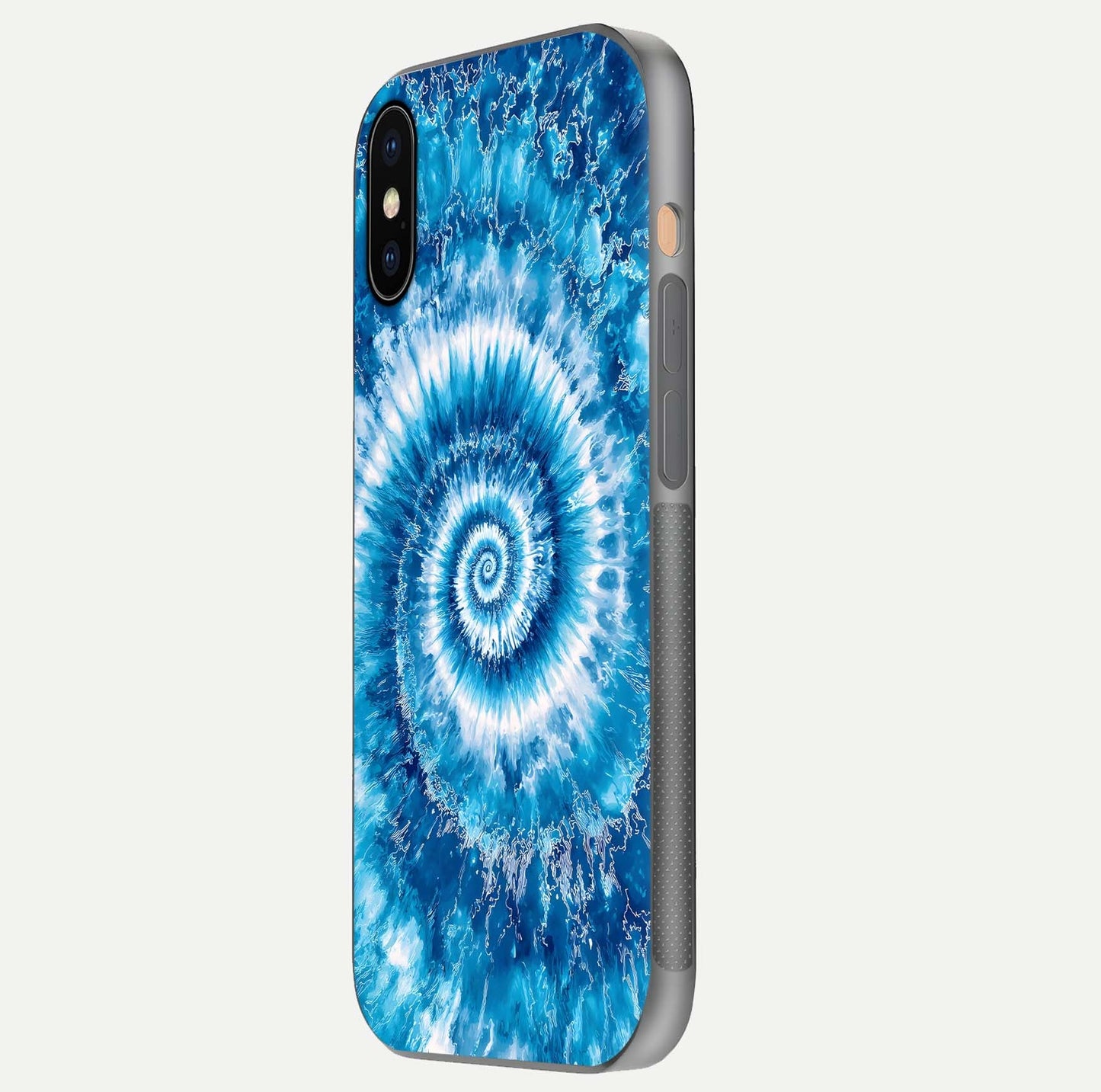 Blue Galaxy Wave Glass Case for iPhone Xs side-angle image showing wave ripple art and glass gloss