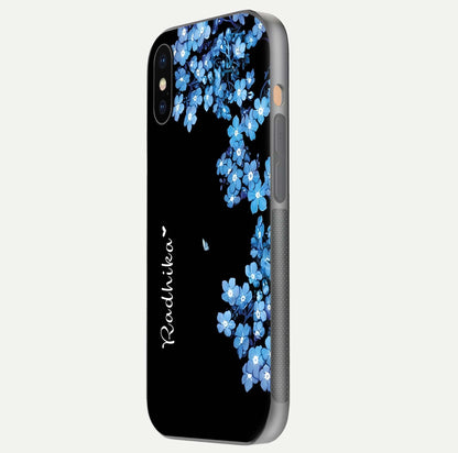 Blue Petal Dream Custom Name Glass Case for iPhone Xs side-angle image showing name print clarity and smooth gloss