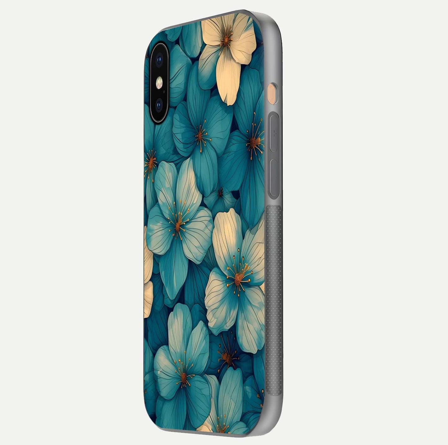 Blue Shade Floral Glass Case for iPhone Xs side-angle photo showing detailed floral hues and curved glass shine