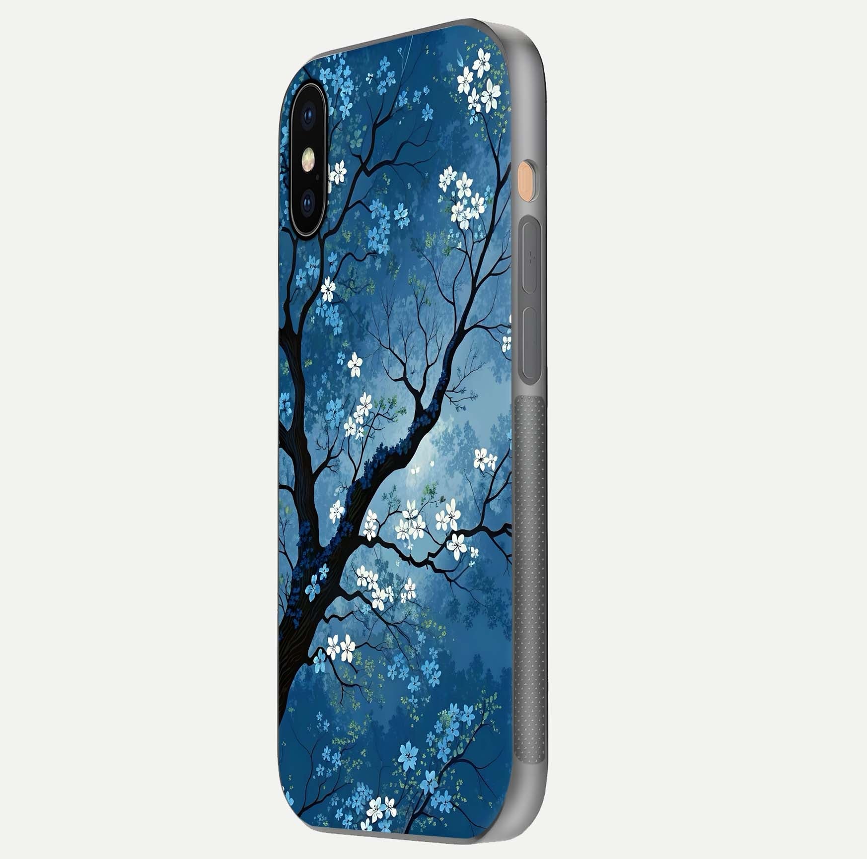 Blue Tree Serenity Glass Case for iPhone Xs side-angle shot showing glossy edge and tree pattern reflection