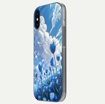 Blue Tulip Clouds Glass Case for iPhone Xs side-angle image showing edge curve and flower reflection glow