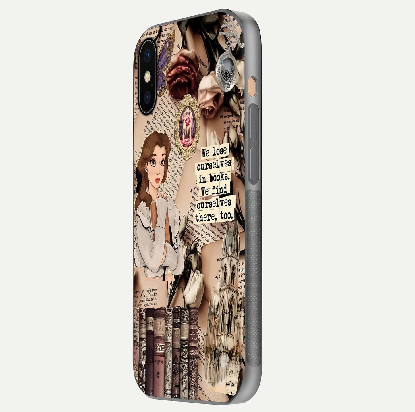Bookish Dream World Glass Case for iPhone Xs side-angle image showing detail depth and smooth corner polish