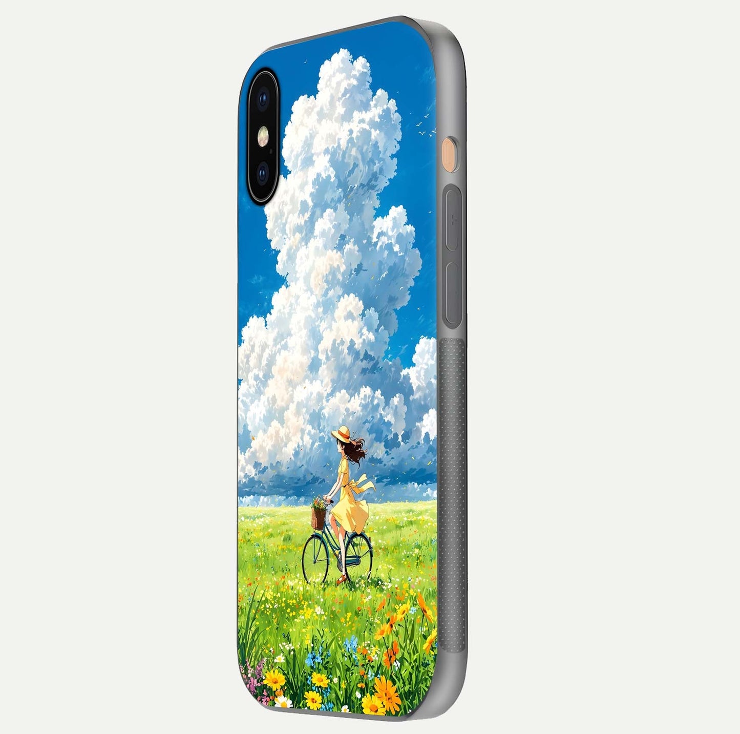 Breezy Meadow Ride Glass Case for iPhone Xs side-angle image showing floral details and edge glow