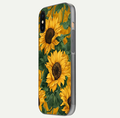Bright Sunflower Bloom Glass Case for iPhone Xs side-angle image showing shine texture and detailed bloom