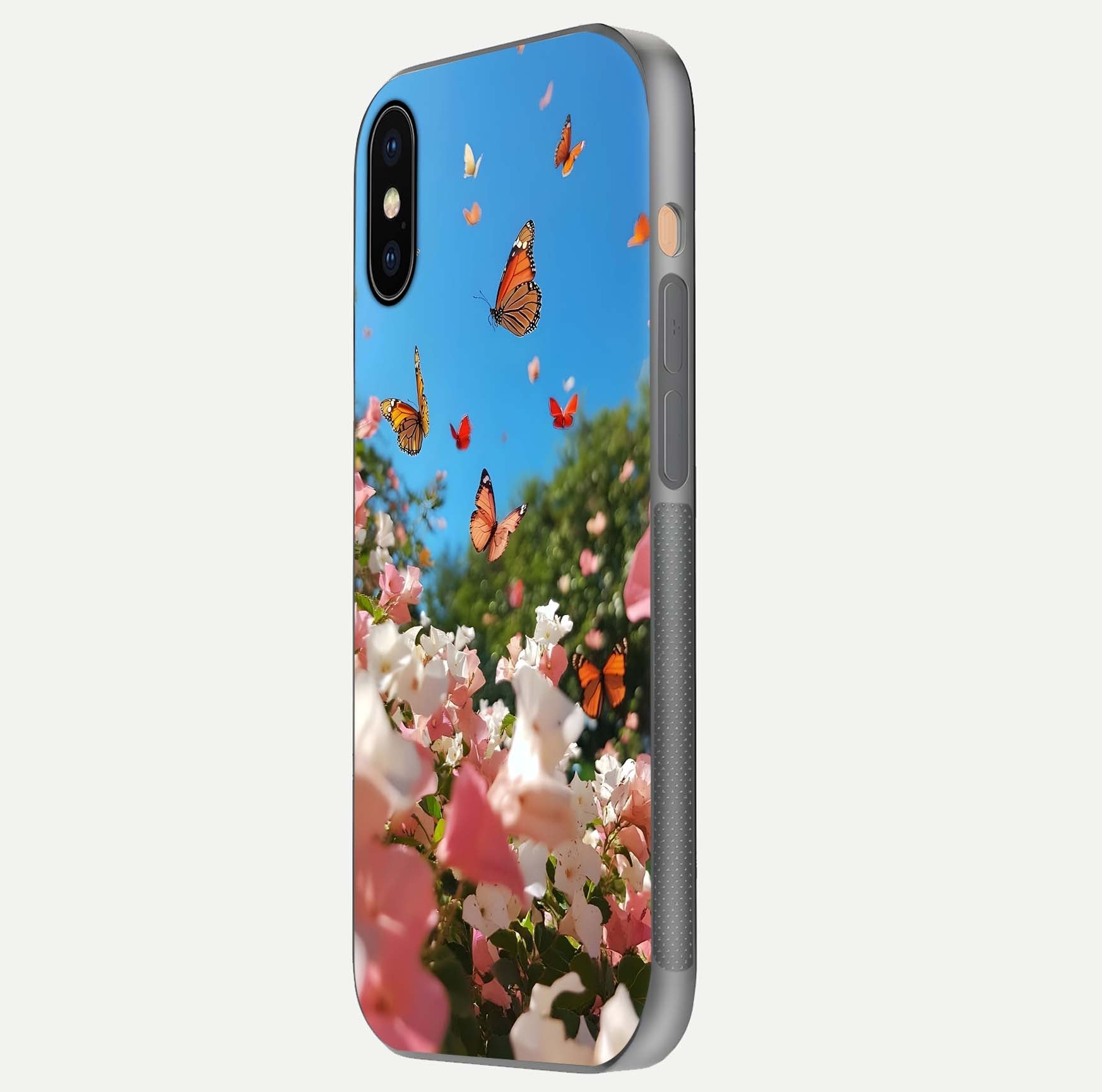 Butterflies in Bloom Sky Glass Case for iPhone Xs side-angle image showing delicate details and gloss polish