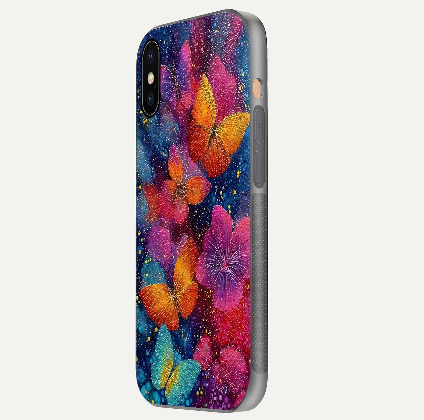 Butterfly Dream Mist Glass Case for iPhone Xs side-angle image showing soft gradient and reflective glow