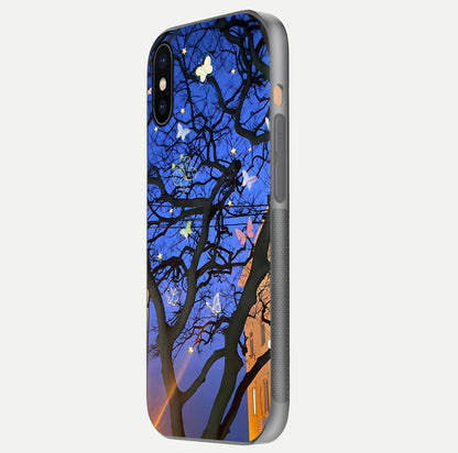 Butterfly Night Magic Glass Case for iPhone Xs side-angle view capturing butterfly contrast and glossy depth