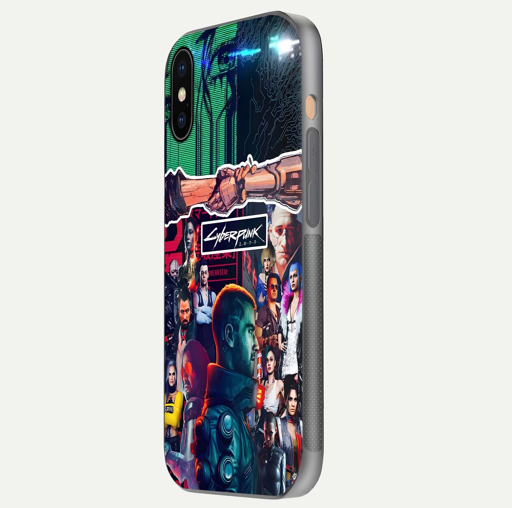 CYBERPUNK Legacy Glass Case for iPhone Xs side-angle photo showing edge glow and reflective surface
