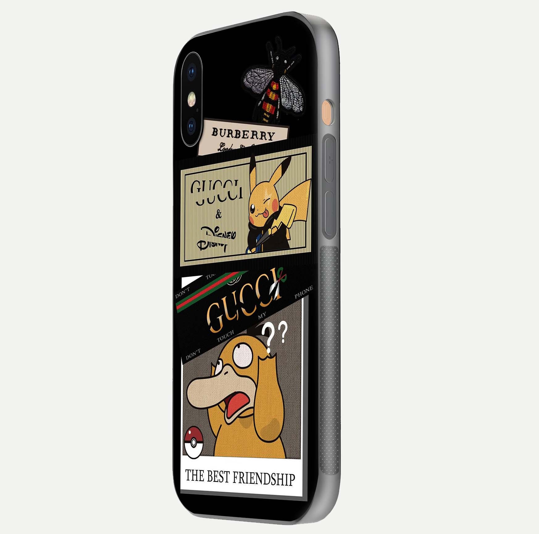 Cartoon Brand Play Mashup Glass Case for iPhone Xs side-angle image showing reflection brightness and fun graphic mix