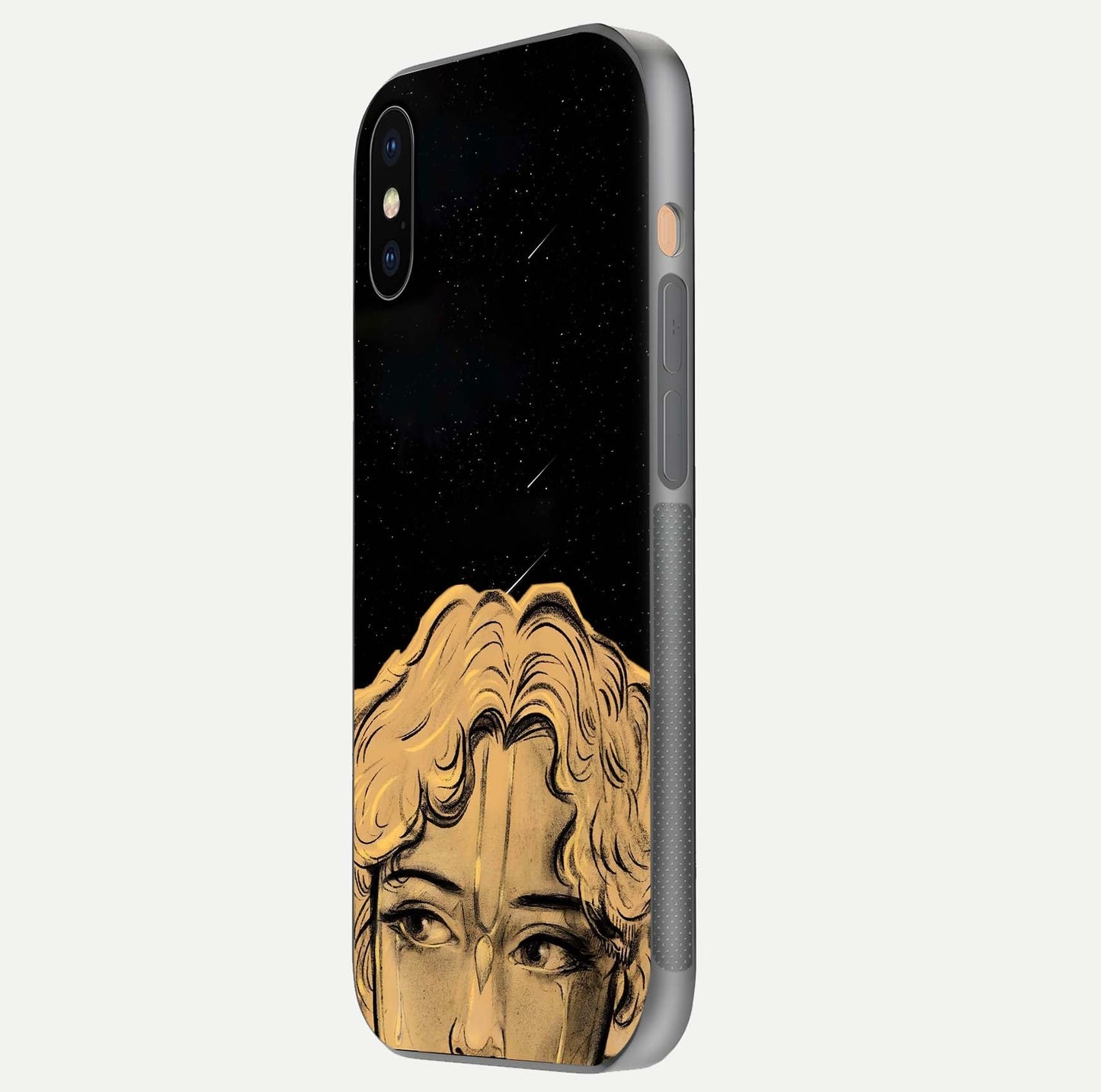 Celestial God’s Plan Glass Case for iPhone Xs side-angle image showing gloss, camera frame, and cosmic tones