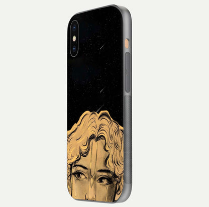 Celestial God’s Plan Glass Case for iPhone Xs side-angle image showing gloss, camera frame, and cosmic tones