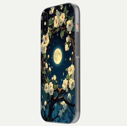 Celestial Moon & Flower Glass Case for iPhone Xs side-angle image showing edge smoothness and glow reflection