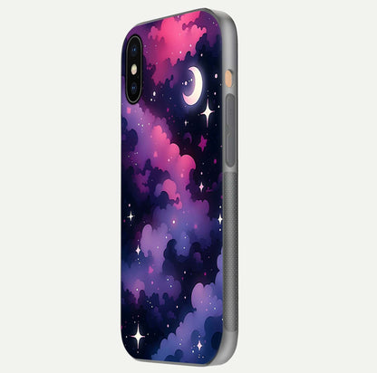 Celestial Moon Magic Glass Case for iPhone Xs side-angle shot capturing soft reflection and curved gloss