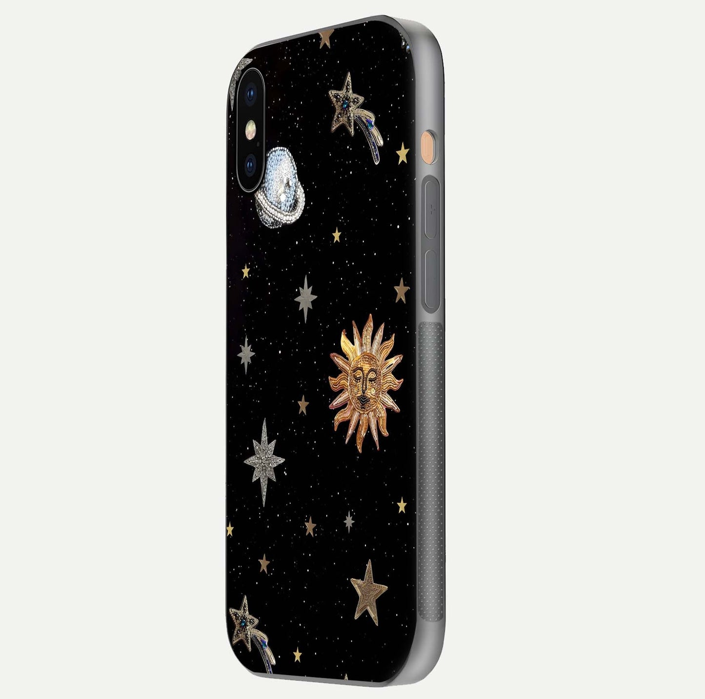 Celestial Moon With Stars Glass Case for iPhone Xs side-angle view showing curved edges and shimmer glow