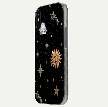 Celestial Moon With Stars Glass Case for iPhone Xs side-angle view showing curved edges and shimmer glow