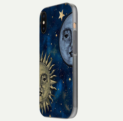 Celestial Moon With Sun Glass Case for iPhone Xs side-angle image showing reflection tones and cosmic edge