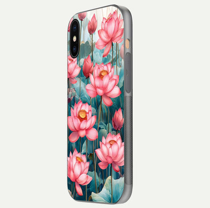 Celestial Pink Lotus Glass Case for iPhone Xs side-angle image showing reflective shine and petal curve