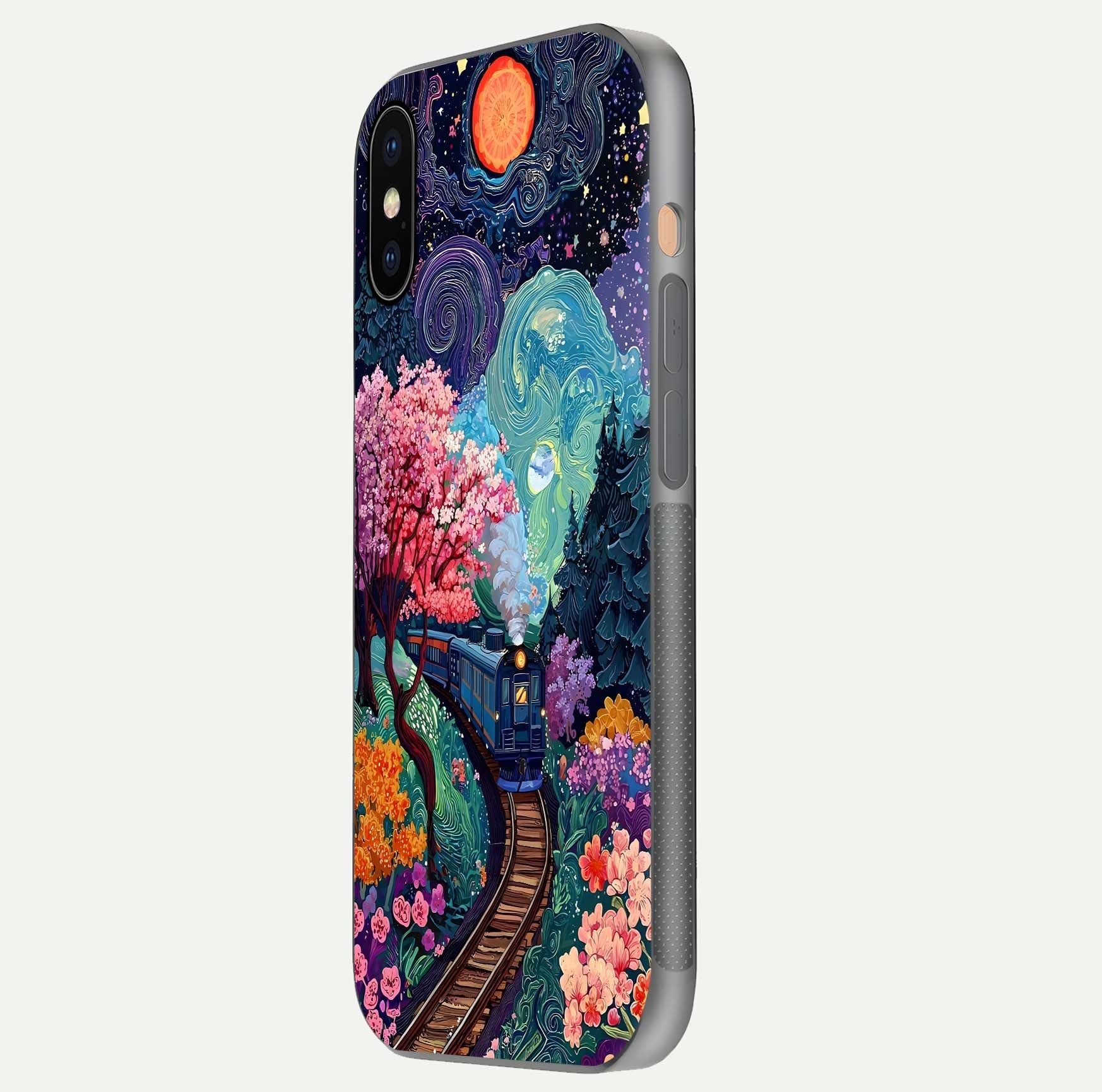 Celestial Train Journey Glass Case for iPhone Xs side-angle image showing polished curve and HD print detail