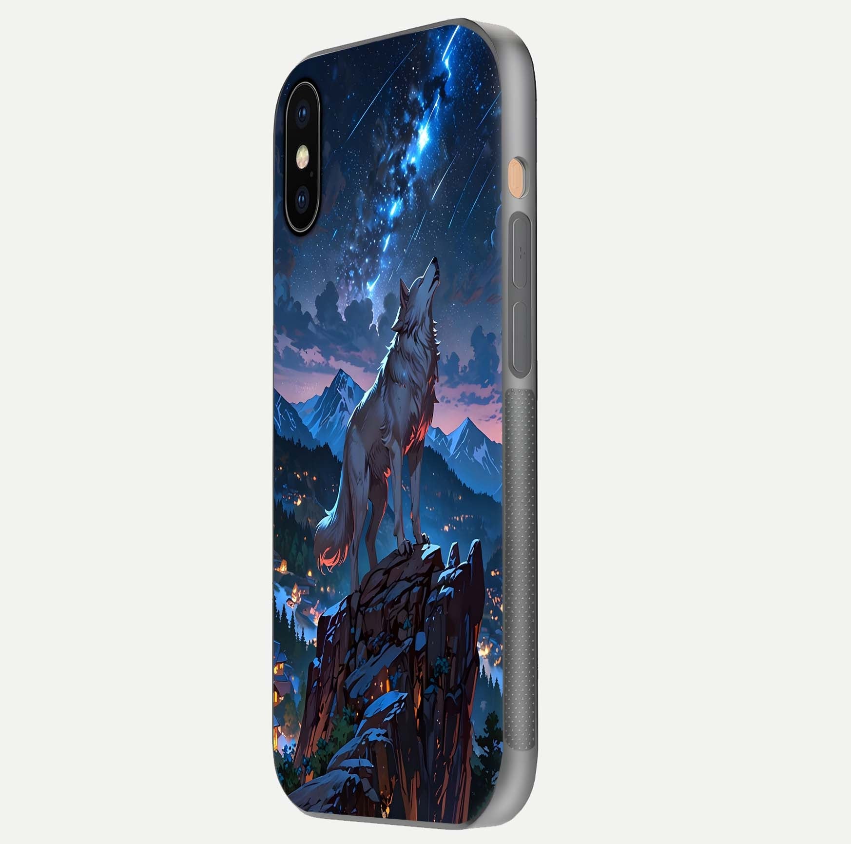 Celestial Wolf Howl Glass Case for iPhone Xs side-angle image showing curve polish and moon glow