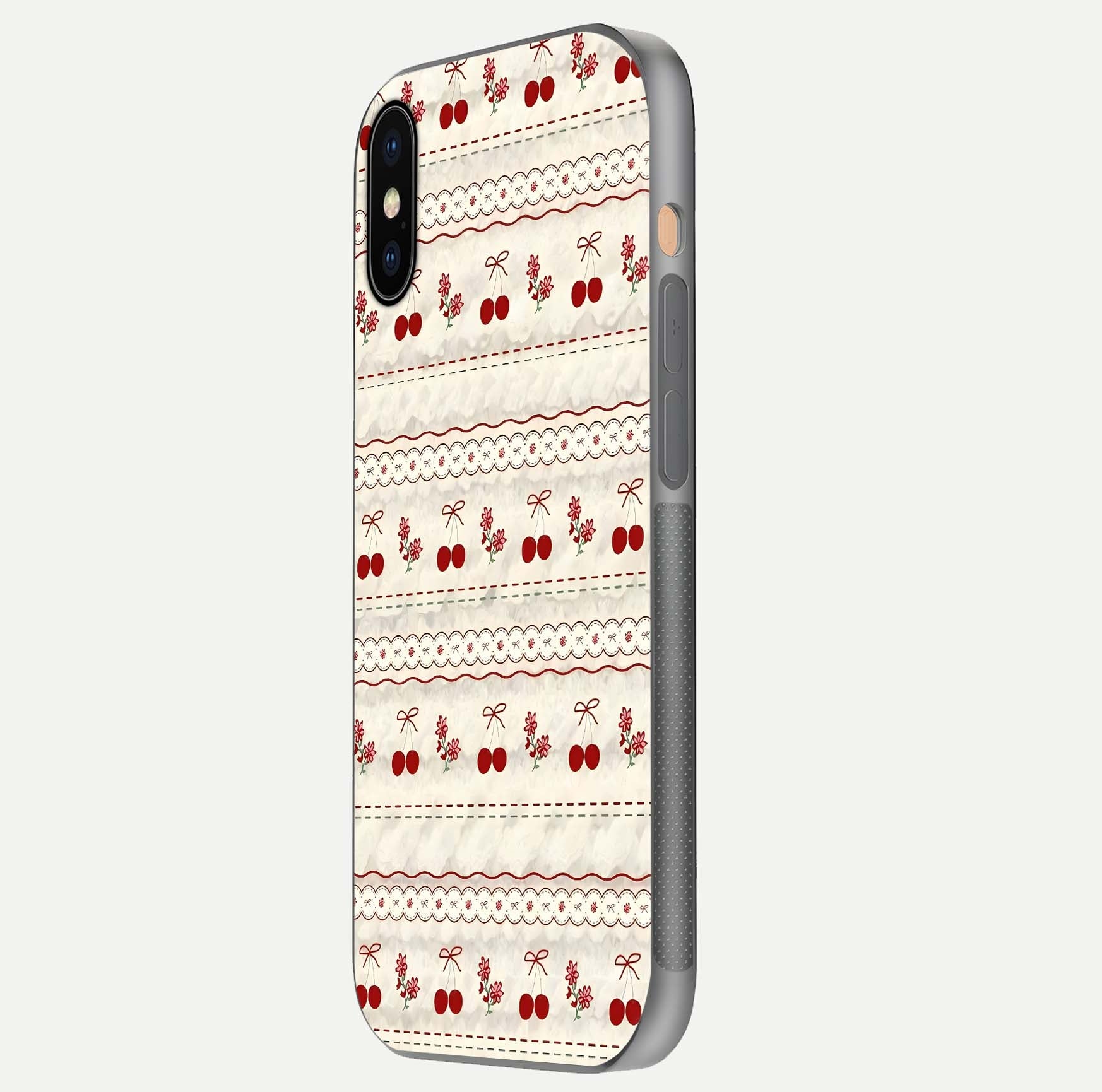 Cherry Bloom Charm Glass Case for iPhone Xs side-angle photo showing flower detail and edge light