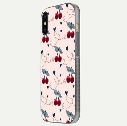 Cherry Heart Line Glass Case for iPhone Xs side-angle view capturing smooth curves and shine effect