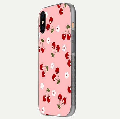 Cherry Love Mood Glass Case for iPhone Xs side-angle image capturing smooth gloss and delicate details