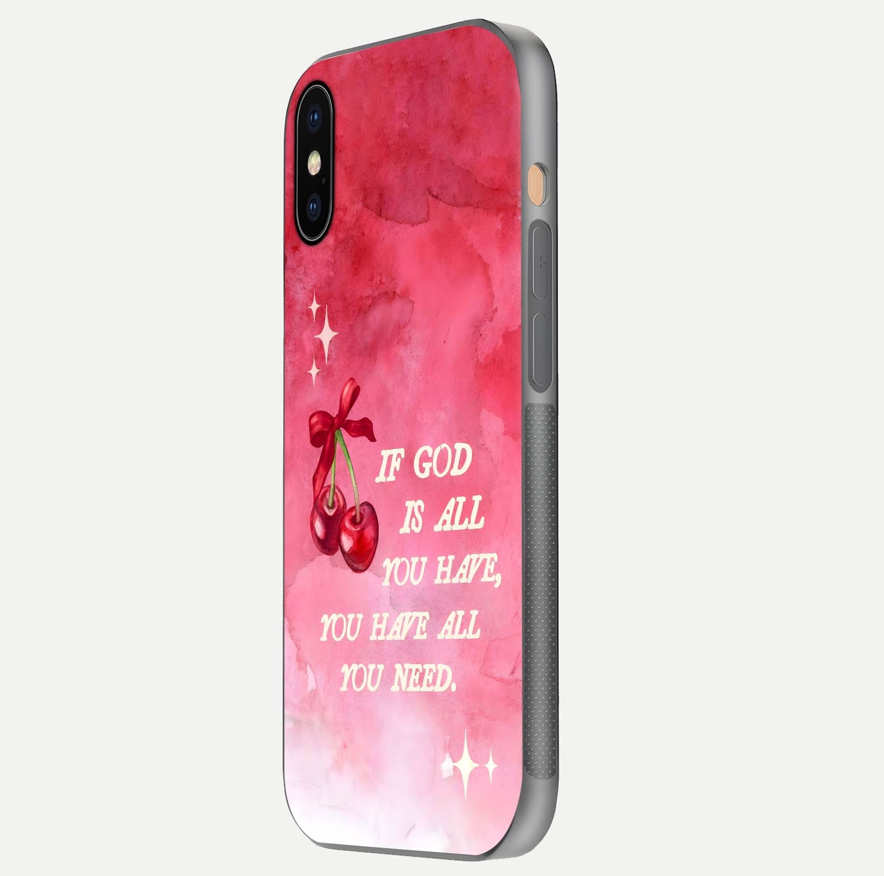Cherry Quote Glass Case for iPhone Xs side-angle image showing curve glow and glass detail