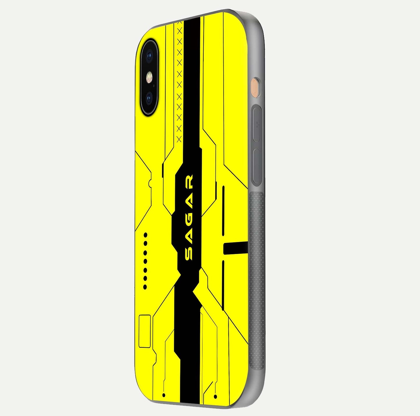 Circuit CYBERPUNK Custom Name Glass Case for iPhone Xs side-angle image showing reflective finish and design precision
