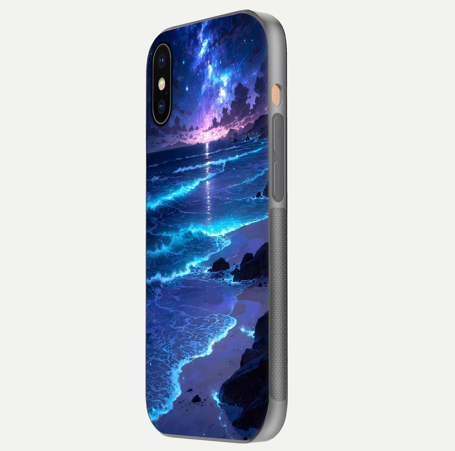 Classic Damn Look Glass Case for iPhone Xs side-angle photo showing shine texture and curve reflection
