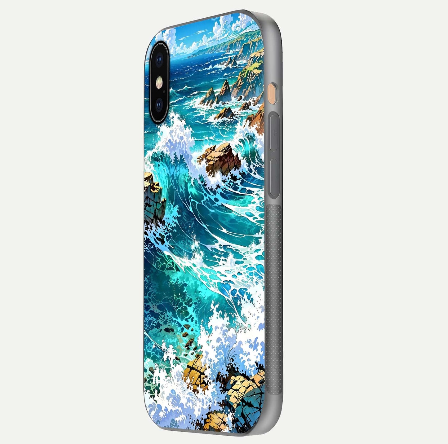 Coastal Blue Waves Glass Case for iPhone Xs side-angle photo showing gloss texture and color depth