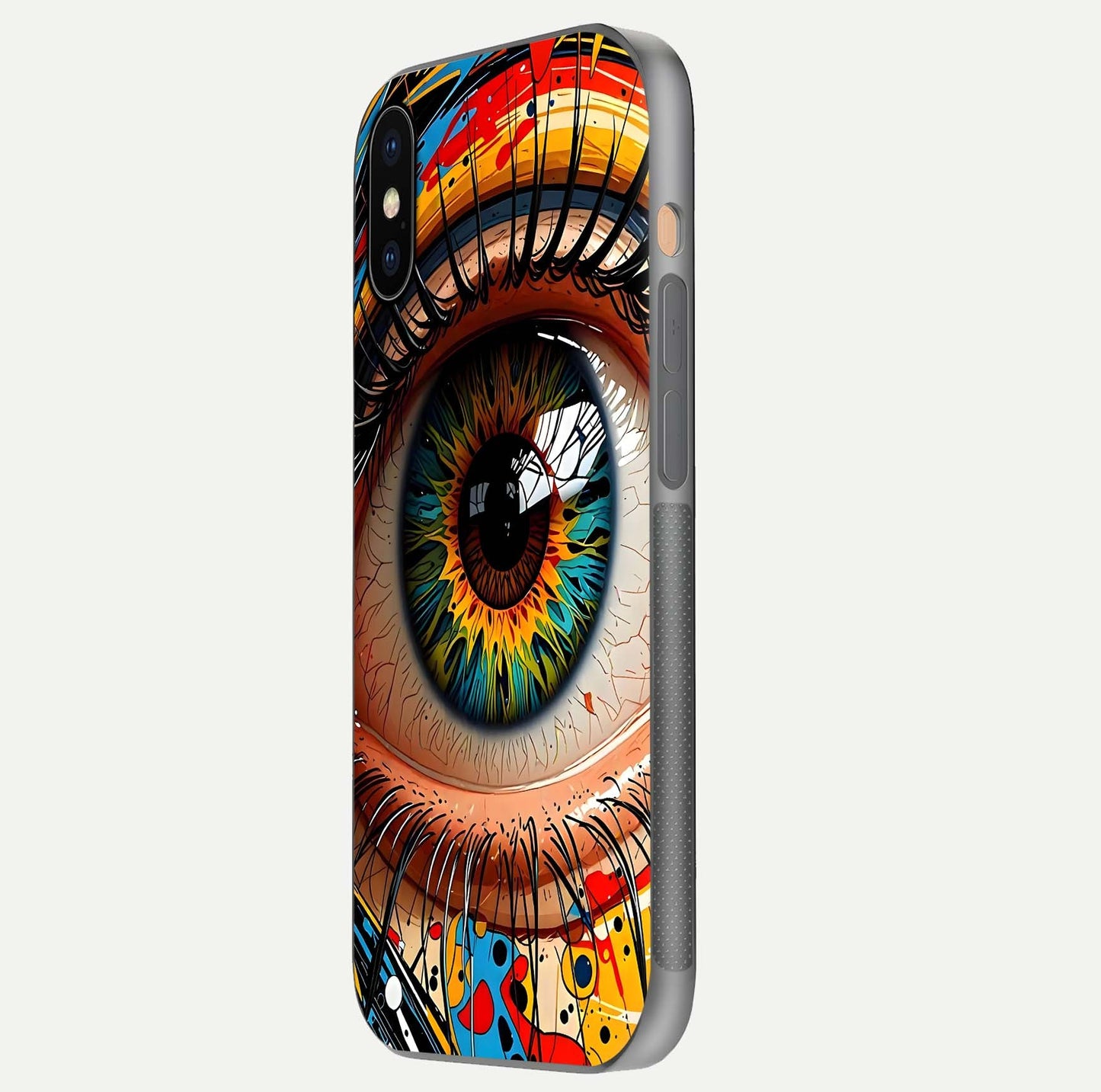 Colorful Eye Glass Case for iPhone Xs side-angle photo showing reflective surface and design detail