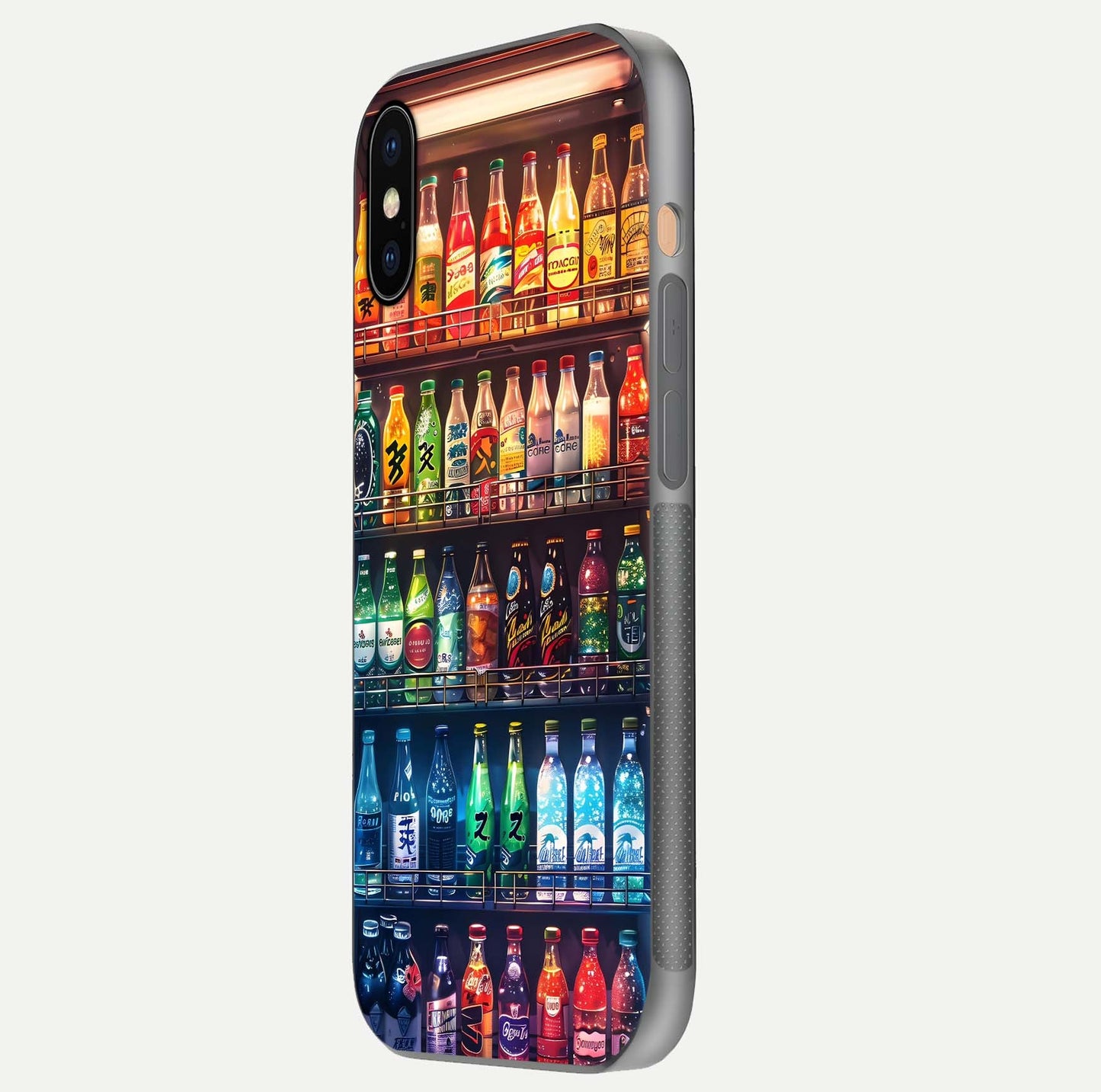 Colorful Soda Bottles Glass Case for iPhone Xs side-angle photo showing polish shine and texture depth