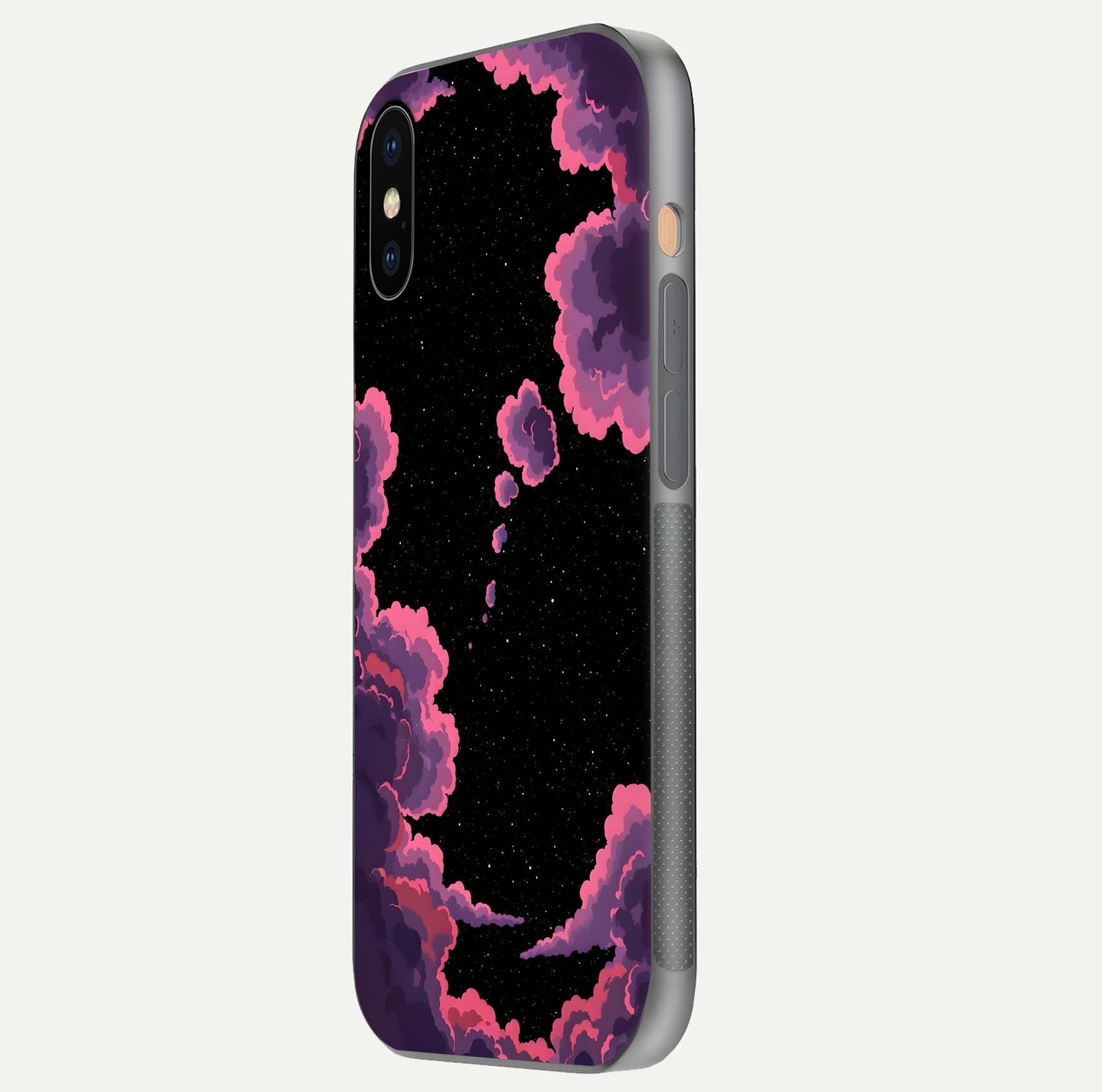 Cosmic Cloud Journey Glass Case for iPhone Xs side-angle photo showing glass reflection and smooth tone