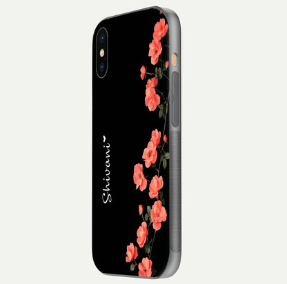 Crimson Bloom Grace Custom Name Glass Case for iPhone Xs side-angle photo capturing edge glow and name clarity