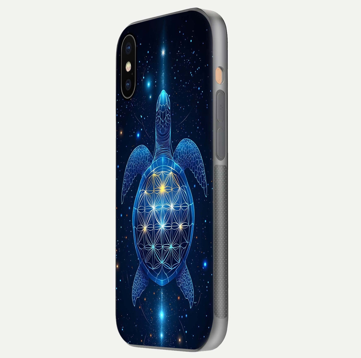 Crimson Blue Turtle Glass Case for iPhone Xs side-angle photo showing curved edge and glass gloss