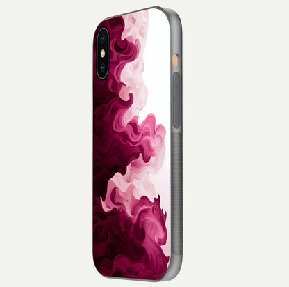 Crimson Wave Flow Glass Case for iPhone Xs side-angle photo showing reflection glow and HD finish
