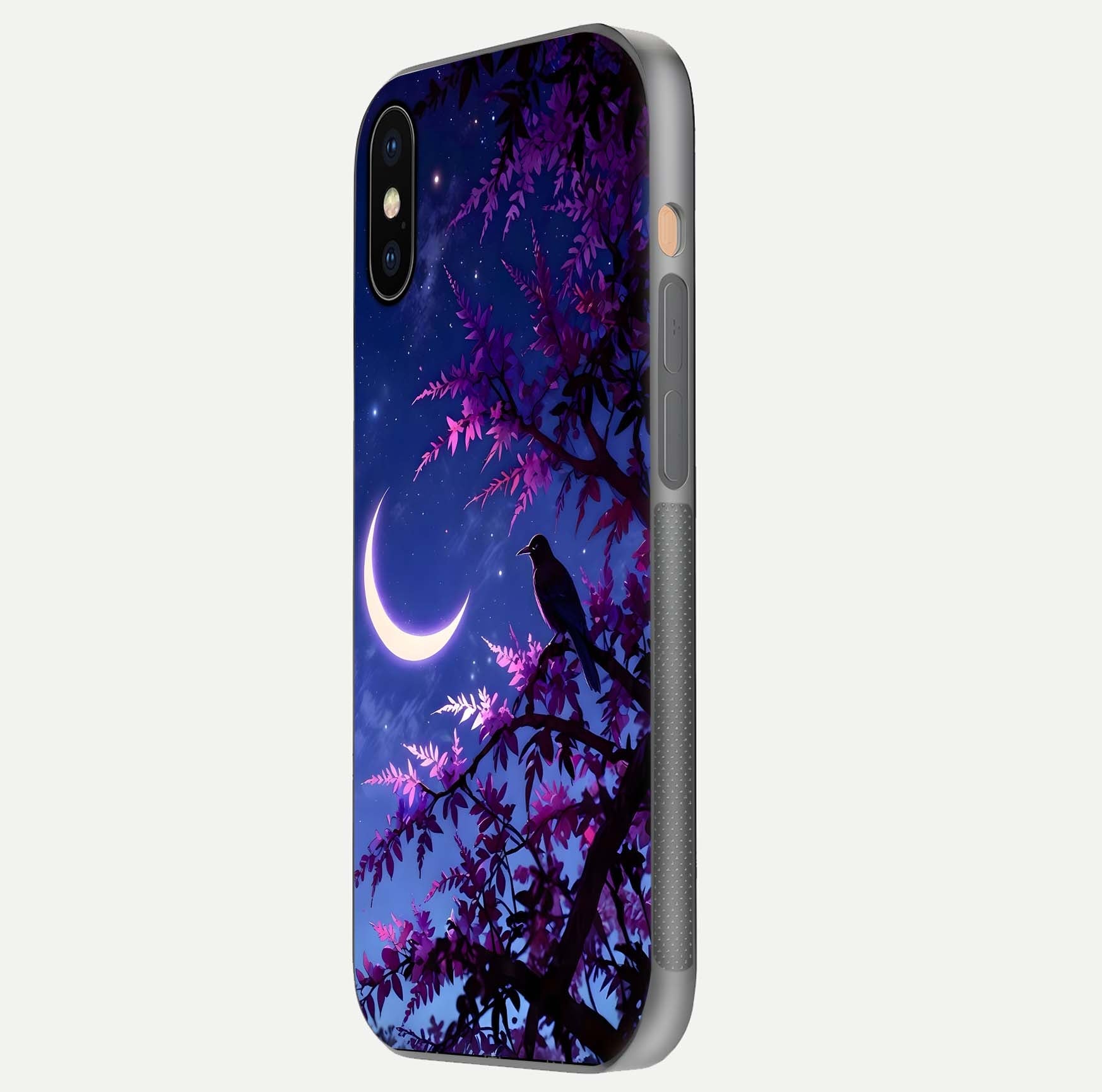 Crow & Moon Scenery Glass Case for iPhone Xs side-angle photo capturing glossy shine and artistic contrast