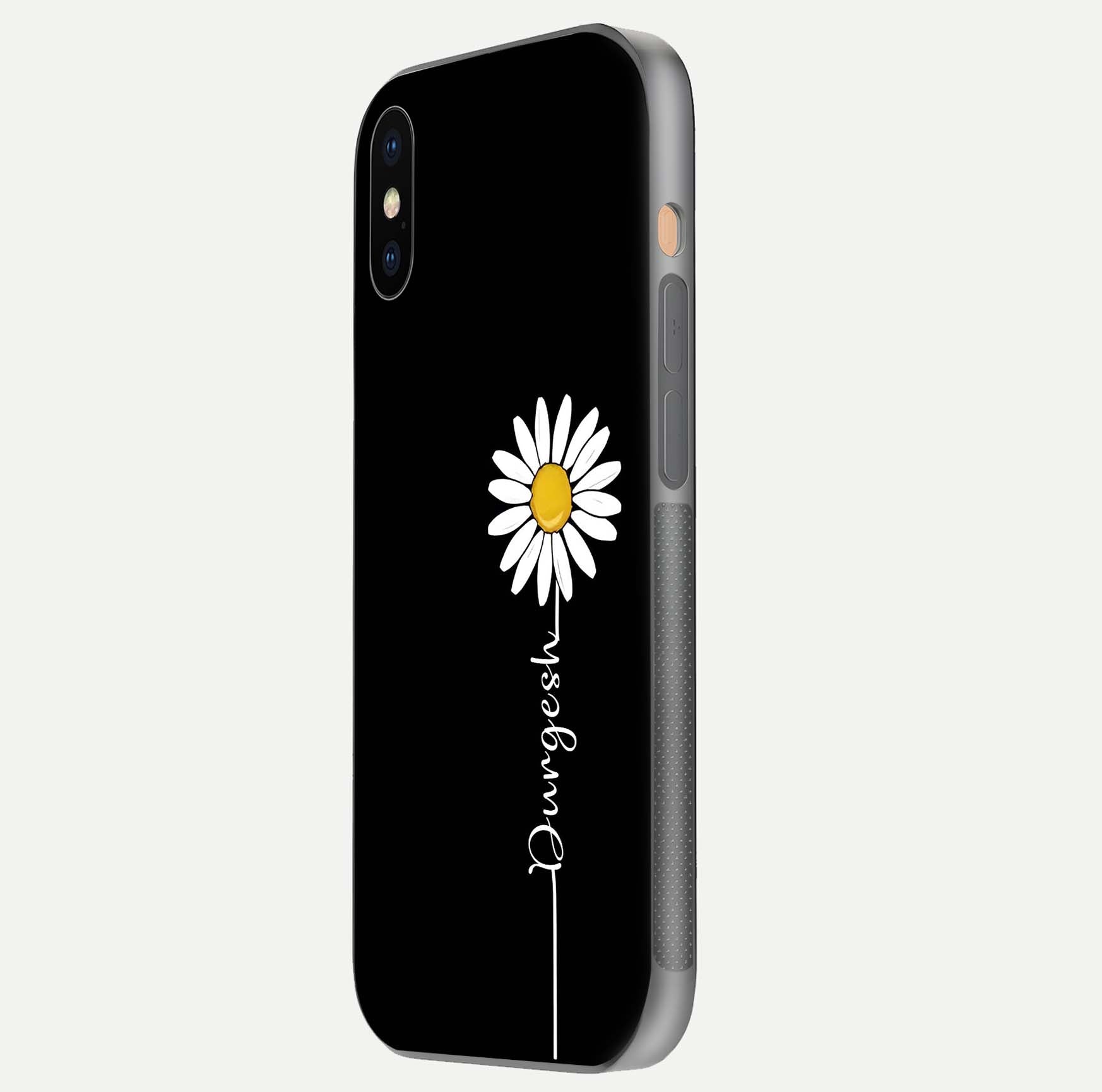 Custom Name White Flower Glass Case for iPhone Xs side-angle photo showing reflection shine and name clarity