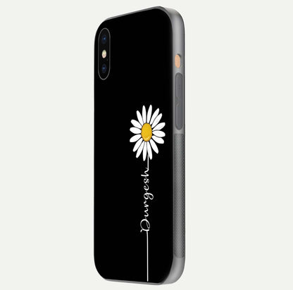 Custom Name White Flower Glass Case for iPhone Xs side-angle photo showing reflection shine and name clarity