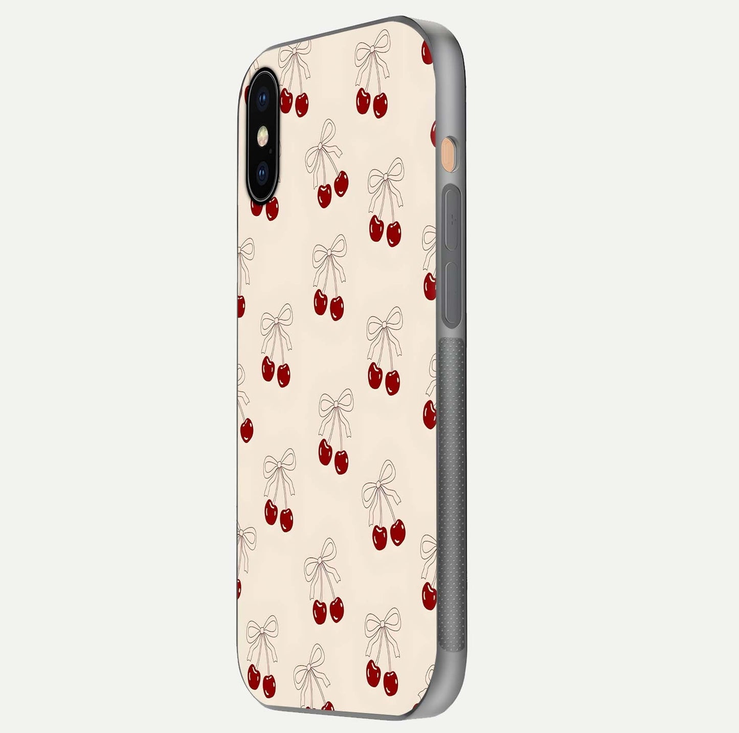 Cute Cherry Pattern Glass Case for iPhone Xs side-angle photo highlighting gloss curve and pattern clarity
