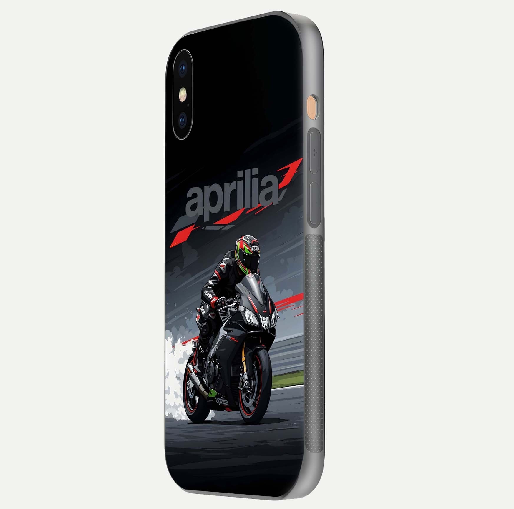 Dark Aprilla Glass Case for iPhone Xs side-angle photo showing reflection gloss and curved edge finish