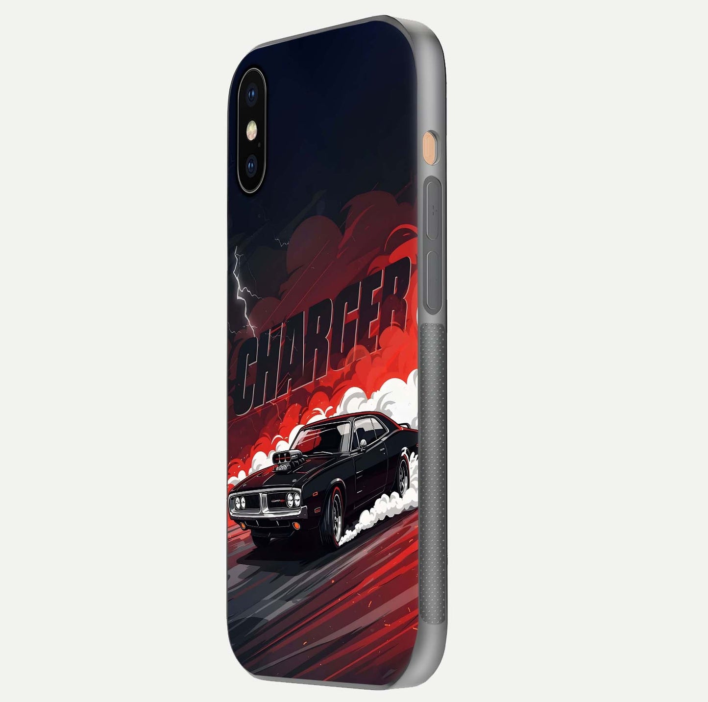Dark Charger Fury Glass Case for iPhone Xs side-angle image showing edge gloss and bold tone