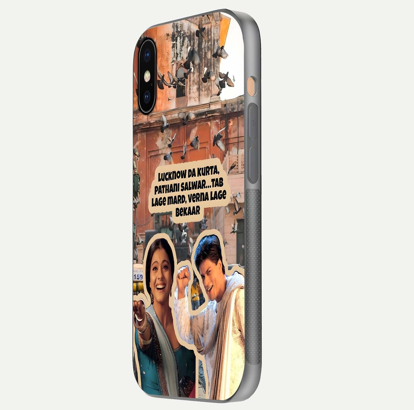 Desi Retro Vibes Glass Case for iPhone Xs side-angle image displaying gloss texture and bold pattern