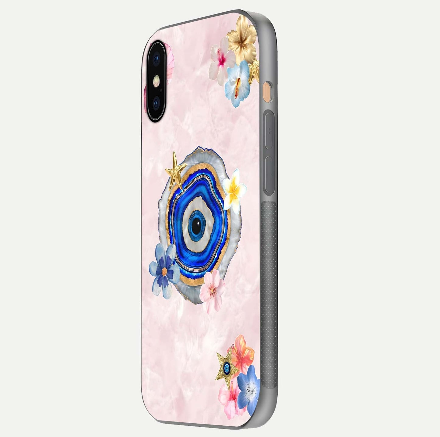 Divine Aura Bloom Glass Case for iPhone Xs side-angle photo capturing reflection glow and premium polish