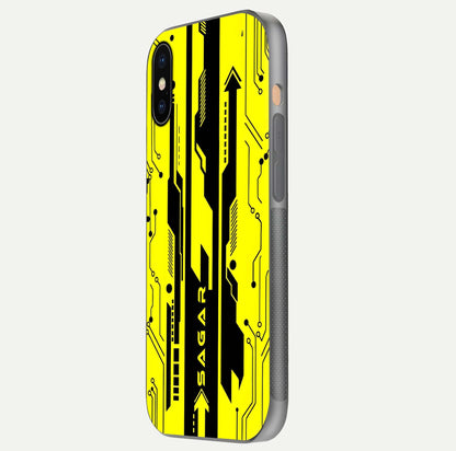 Electric Pulse CYBERPUNK Custom Name Glass Case for iPhone Xs side-angle image showing glossy reflection and edge illumination