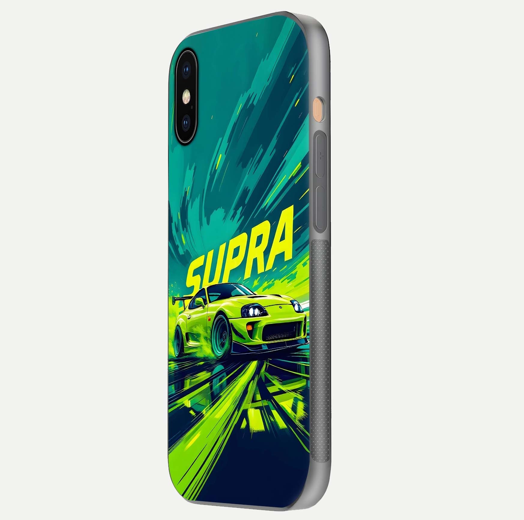 Electric Supra Thunder Glass Case for iPhone Xs side-angle photo showing sleek car outline and reflective shine