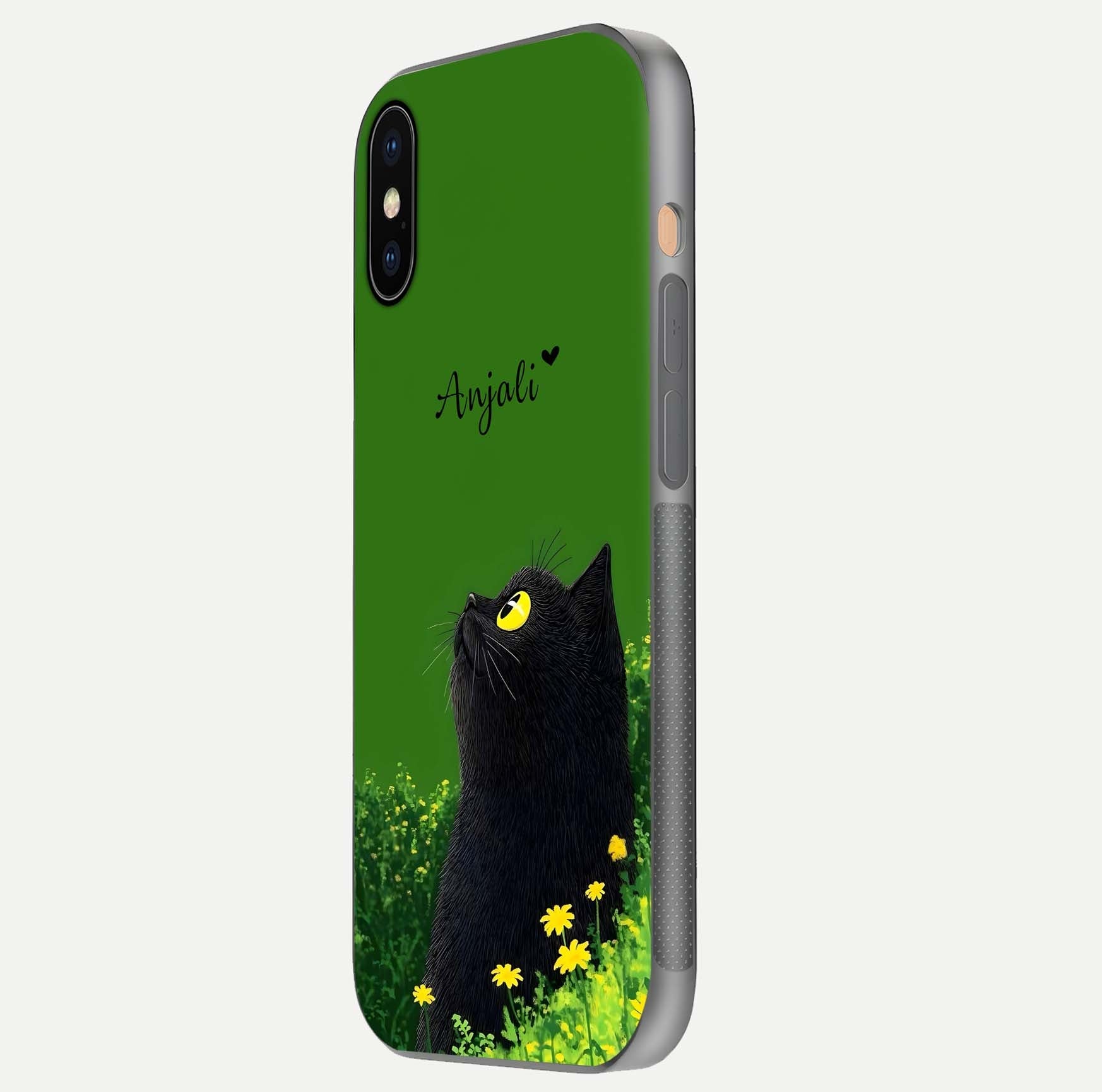 Emerald Cat Custom Name Glass Case for iPhone Xs side-angle photo showing name clarity and glass reflection