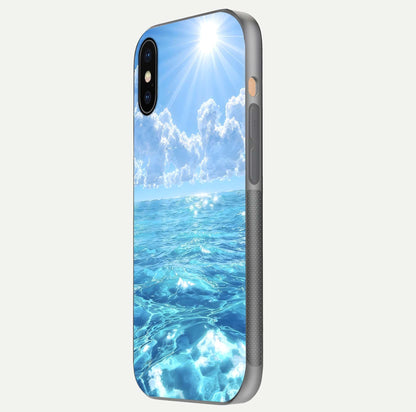 Endless Ocean Horizon Glass Case for iPhone Xs side-angle photo showing reflection glow and wave tone