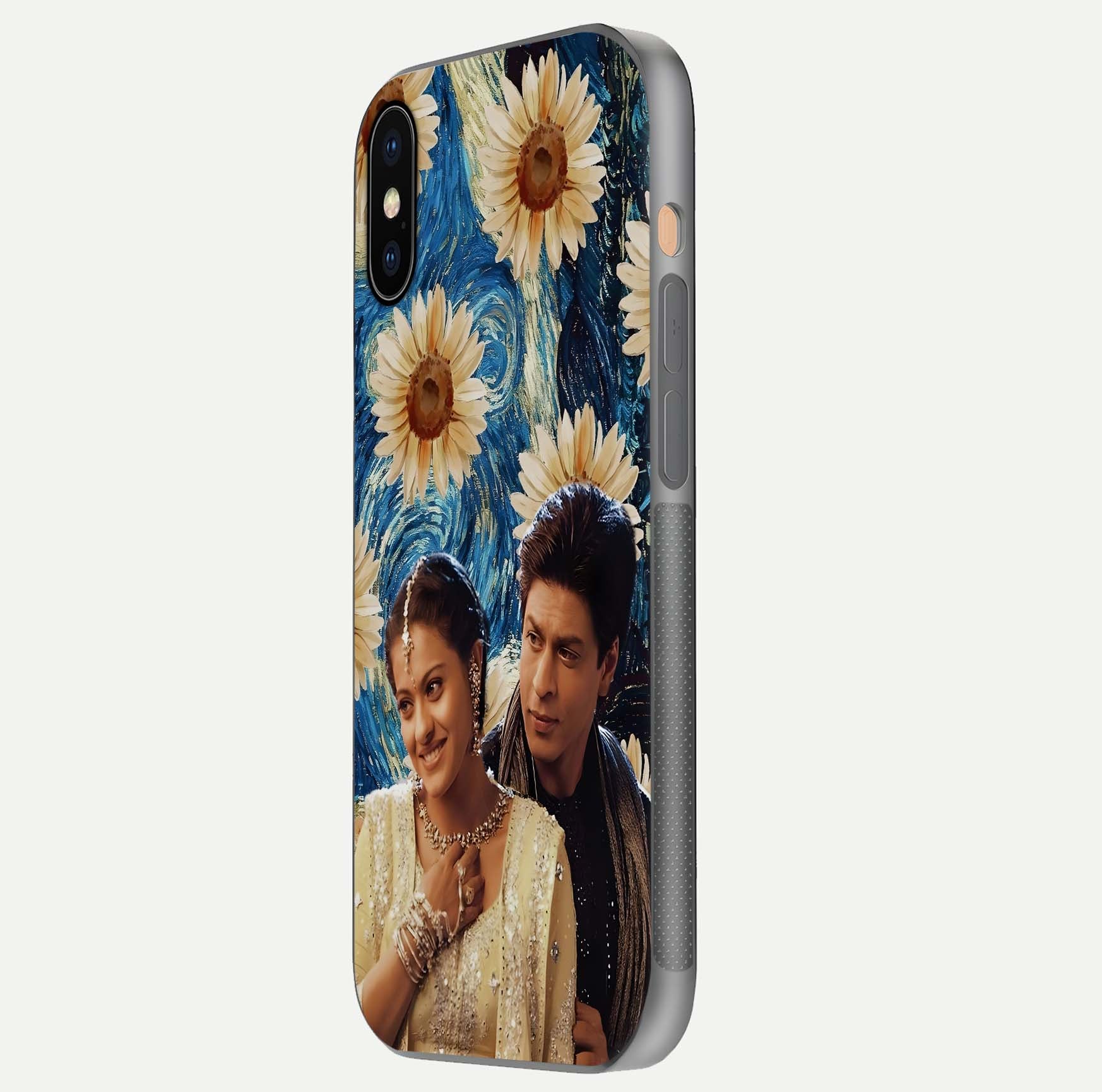 Eternal Love Story Glass Case for iPhone Xs side-angle photo showing curved edges and polished surface