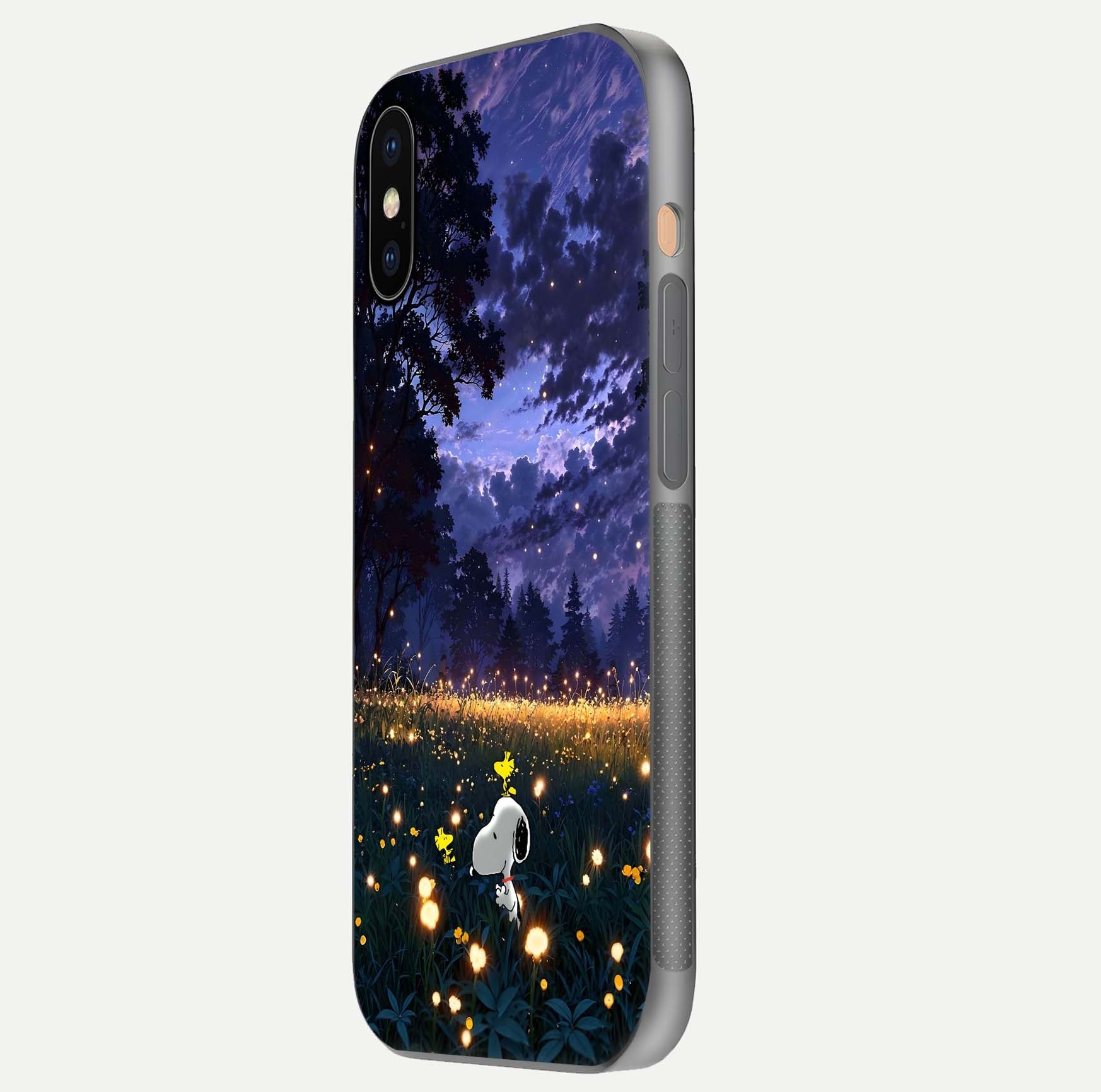 Firefly Meadow Magic Glass Case for iPhone Xs side-angle image capturing glow reflection and fine texture